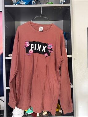 PINK Victoria's Secret Mauve Long Sleeve Logo Tee with Floral Accents